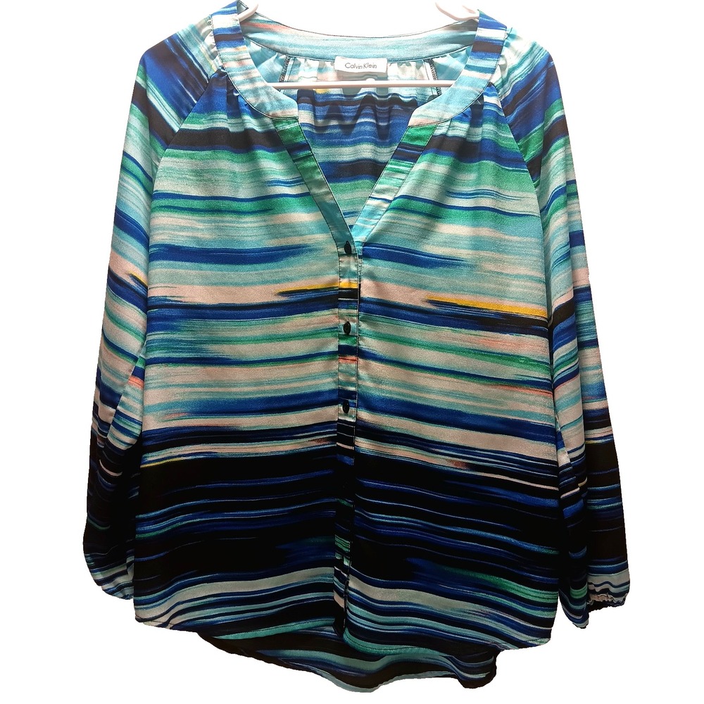 Calvin Klein Blouse Women's Medium Blue Stripe Button Down V-Neck Career Casual